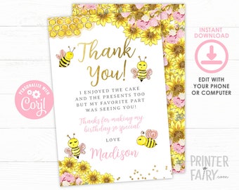 Bee Thank You Cards, Editable, Honey Bee Birthday, Bee Birthday Party, Sunflower Bee, Sunflower Thank You Note, Instant Download