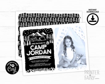 Camping Invitation with photo, EDITABLE, Summer Camp Party, Sleepover Invitation, Backyard Birthday Party, Black & White, INSTANT DOWNLOAD