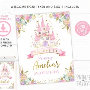 Princess Welcome Sign, Editable, Princess Birthday Party, Castle ...