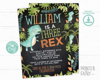 Three Rex Invitation, EDITABLE, Dinosaur Birthday Invitation, Dinosaur Birthday Party, EDIT YOURSELF Digital Invite, Instant Download