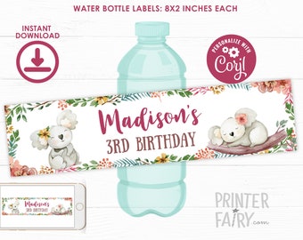 Koala Water Bottle Label, EDITABLE, Koala Label, Koala Birthday Party Decorations, Floral Birthday Party, INSTANT DOWNLOAD