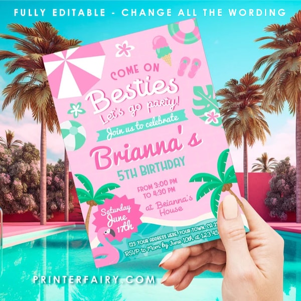 Pool Party Invitation, Malibu Invitation, Beach Party, Editable, Summer Party, Pink Pool Party Party, Flamingo Invitation, INSTANT DOWNLOAD