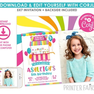 Candy Shop Invitation With Photo, EDITABLE, Candy Shop Birthday Party ...