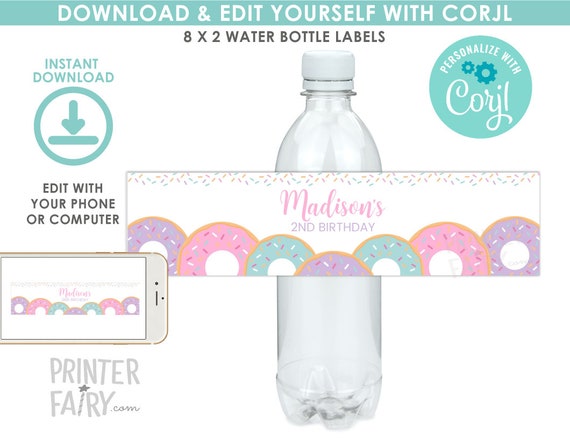Donut Water Bottle Labels, EDITABLE, Donut Birthday Party, Sprinkles Birthday, Donut Birthday Decoration, Water bottle labels, EDIT YOURSELF Il_570xn