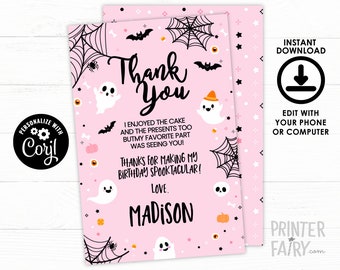 Spooky One Thank You Cards, EDITABLE Pink Halloween Thank You Notes, Ghost Birthday, Spooky Party, Spooktacular Party, INSTANT DOWNLOAD ghp1