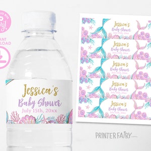 Mermaid Baby Shower Water Bottle Label, Editable Party Bottle Label Template, Little Mermaid Baby Sprinkle Water Bottle Label, Girl Baby