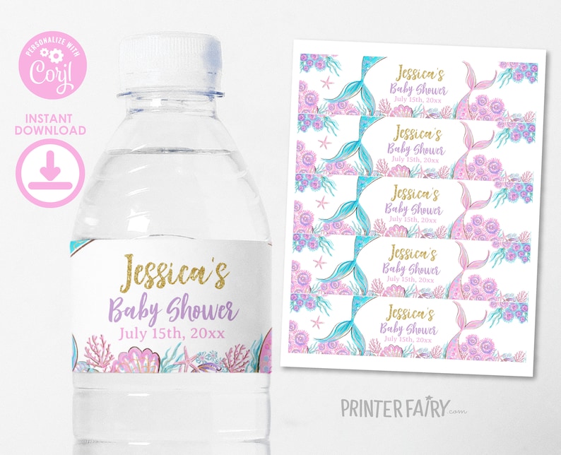 Mermaid Baby Shower Water Bottle Label, Editable Template (Digital Item) image 1
