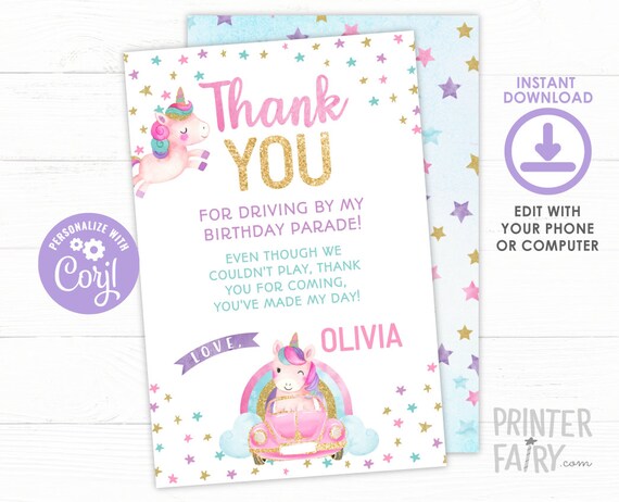Drive By Unicorn Thank You Card, EDITABLE, Rainbow Birthday Party, Unicorn Birthday Parade, EDIT YOURSELF Digital Invite Il_570xn