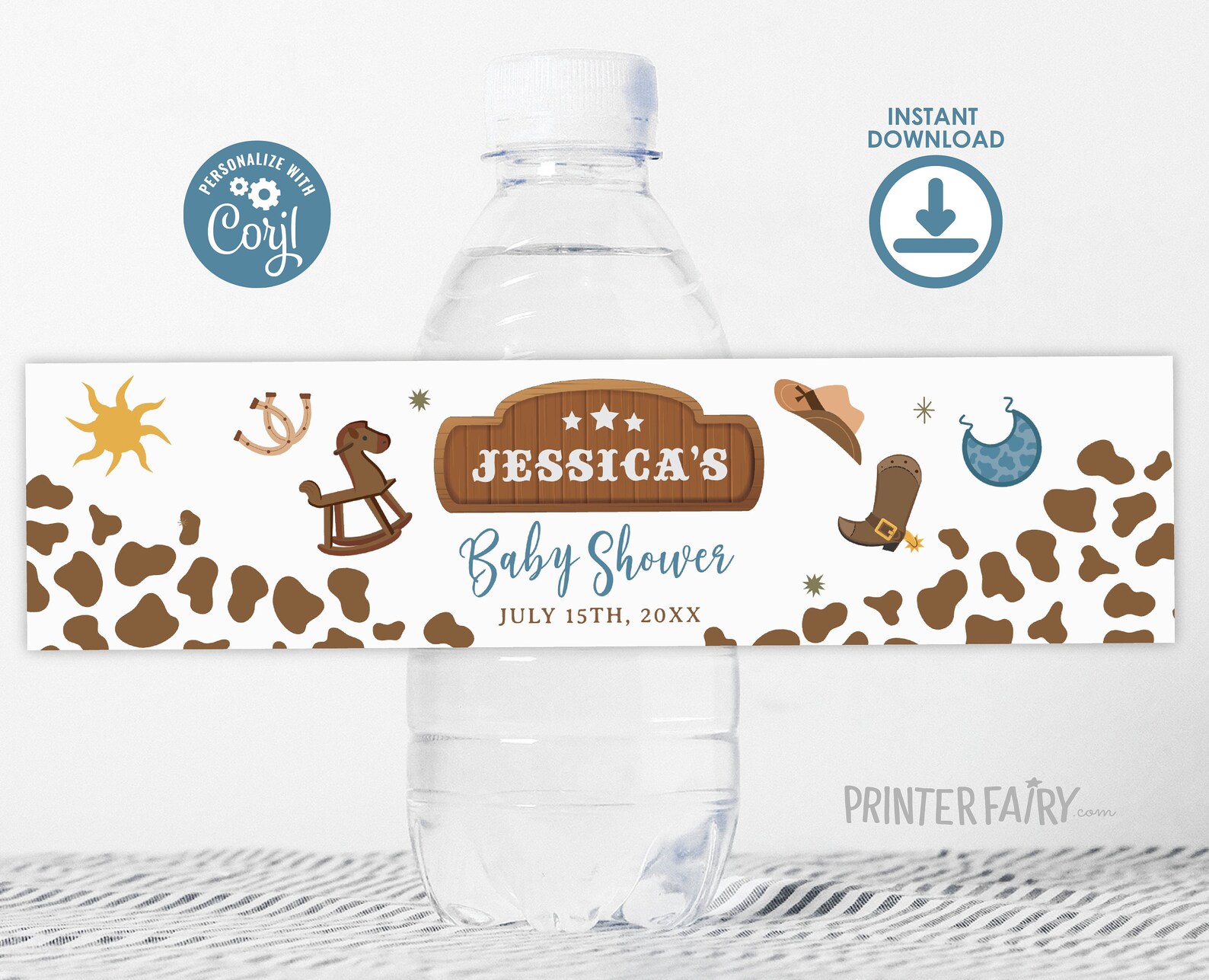 Cowboy Baby Shower Water Bottle Label, Editable, Rodeo Baby Sprinkle ...