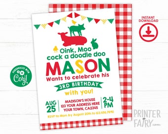 EDITABLE Petting Zoo Birthday Invitation, Farm Birthday Invitation, Animals Birthday Party, Petting Zoo Invite, INSTANT DOWNLOAD