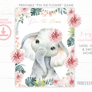 Pin The Flower Game, Printable Game, Jungle Birthday Party, Safari Birthday Party, Party Game, Elephant Pin the Tail Game, INSTANT DOWNLOAD