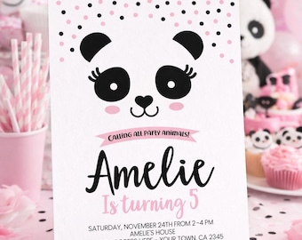 Panda Birthday Invitation Editable Template, Pink and Black, INSTANT DOWNLOAD