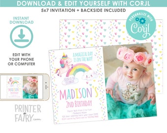 Unicorn Birthday Invitation with Photo, EDITABLE, Rainbow Invitation, Sprinkles Party, Unicorn Birthday Party, EDIT YOURSELF Digital Invite