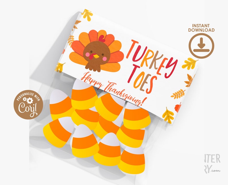 Turkey Toes Label, Candy Corn Treat Bag Label, EDITABLE Little Turkey Label, Thanksgiving Favor, Thanksgiving Topper, Instant Download image 1