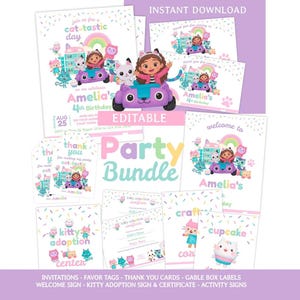 Invito per la festa di compleanno della casa delle bambole Gabbys e pacchetto di modelli di attività stampabili da scaricare immediatamente, adozione di gattini, etichette, cartello di benvenuto