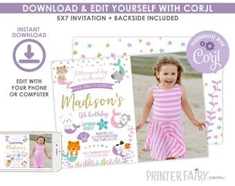 Mercat Birthday Invitation with photo, EDITABLE, Meowmaid Invitation, Mermaid Invitation, Kitty Invitation, EDIT YOURSELF, Instant Download