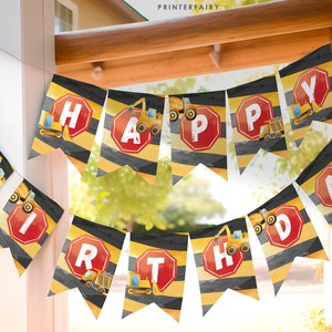 Construction Birthday Bunting Flags: Editable Truck Birthday Party Garland, &quot;Under Construction&quot; Decoration Banner, Corjl Instant Download.