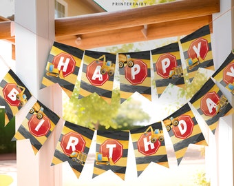 May include: A construction-themed birthday banner with yellow and black striped flags. Each flag features a red stop sign with a letter and a cartoon construction vehicle. The banner spells out "Happy Birthday".