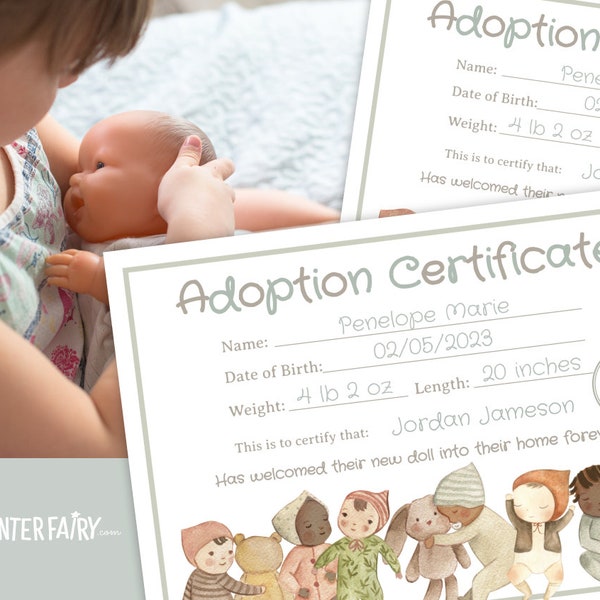 Doll Adoption Certificate, EDITABLE Adoption Certificate, Baby Doll Sign, Doll Birthday Party, Floral Birthday INSTANT DOWNLOAD