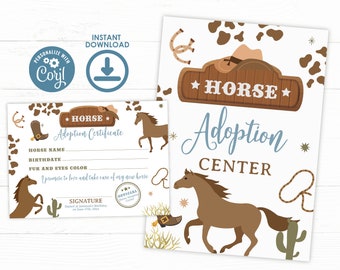 Rodeo Adoption Center Editable Ranch Animal Adoption Certificate Adoption Sign Adoption Party, Rodeo Birthday Party Ideas Saddle Up & Gallop