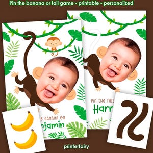 Peut inclure: Jeu imprimable "Pique la queue du singe" avec une queue de singe brune, deux bananes jaunes et un visage de singe avec un visage de bébé. Le texte dit "Pique la queue à Harry" et "Pique la banane à Benjamin".