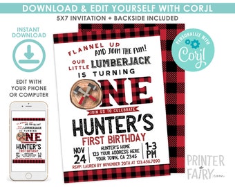 EDITABLE Lumberjack 1st Birthday Invitation, Forest Birthday Party, Woodland, Winter Invitation, EDIT YOURSELF with Corjl