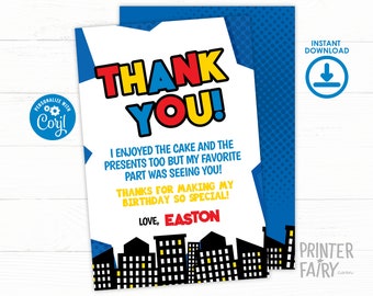 Superhero Birthday Thank You Card, Editable, Little Superhero Party Card, Comic Thank You Cards, Super Heroes Birthday Party Thank You Card