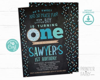 Donut Boy Birthday Invitation, EDITABLE, Donut First Birthday Invitation, Donut Party, 1st Birthday EDIT YOURSELF Digital Invite, Black