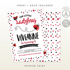 Pode incluir: Um convite imprim&iacute;vel para uma festa de anivers&aacute;rio com tema de joaninha. O convite apresenta uma joaninha vermelha com manchas pretas e o texto "Our Little Ladybug" e "Vivianne faz 5 anos". O fundo &eacute; branco com bolinhas vermelhas e pretas.