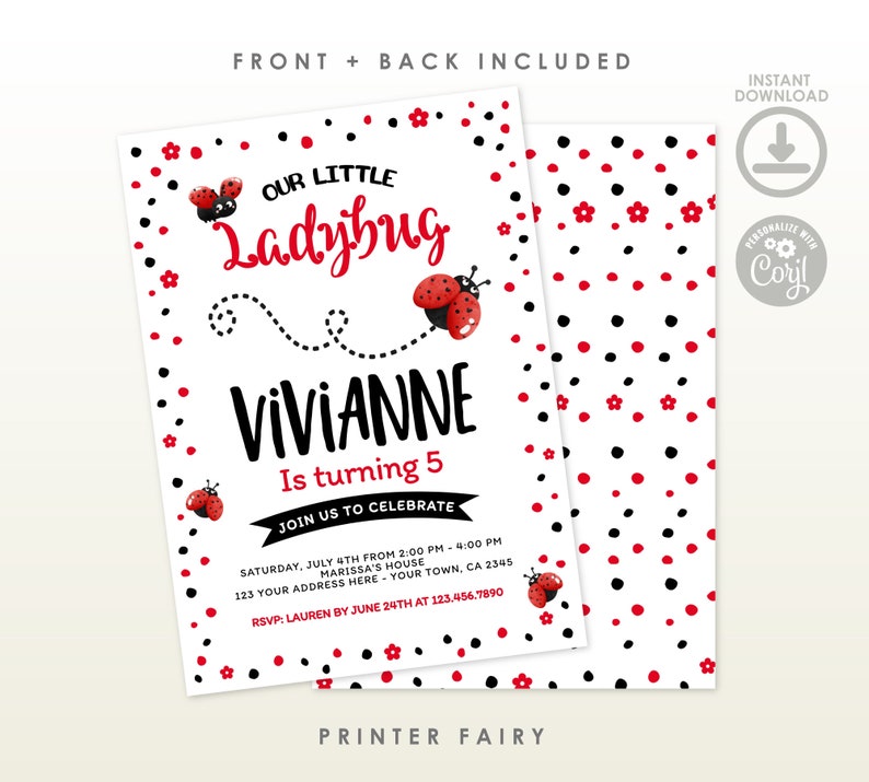 Pode incluir: Um convite imprim&iacute;vel para uma festa de anivers&aacute;rio com tema de joaninha. O convite apresenta uma joaninha vermelha com manchas pretas e o texto "Our Little Ladybug" e "Vivianne faz 5 anos". O fundo &eacute; branco com bolinhas vermelhas e pretas.