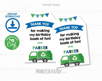 Trash Truck Favor Tags, EDITABLE, Garbage Truck Birthday, Recycle party, Garbage truck Thank You Tags, Birthday Decor, INSTANT DOWNLOAD