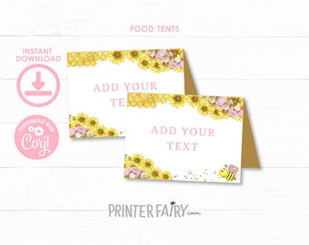 Bee Food Tents, Editable Labels, Honey Bee Birthday, Bee Birthday, Sunflower Bee, Beeday, Sunflower Place Cards, Instant Download