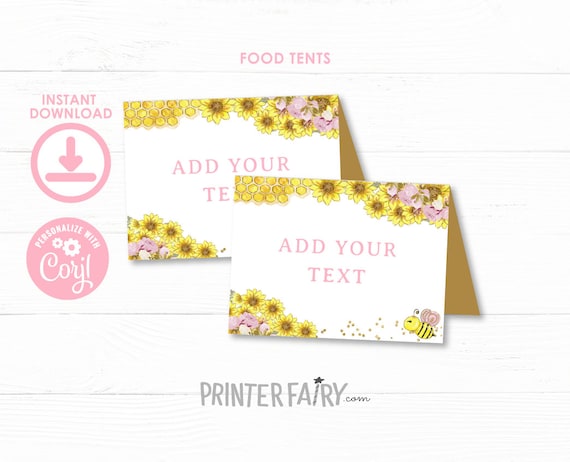 Bee Food Tents, Editable Labels, Honey Bee Birthday, Bee Birthday, Sunflower Bee, Beeday, Sunflower Place Cards, Instant Download Il_570xn
