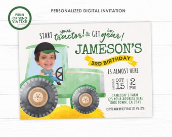 Tractor Birthday Invitation with photo, Place Your Face, Farm Birthday Invitation, PERSONALIZED Digital Invitation