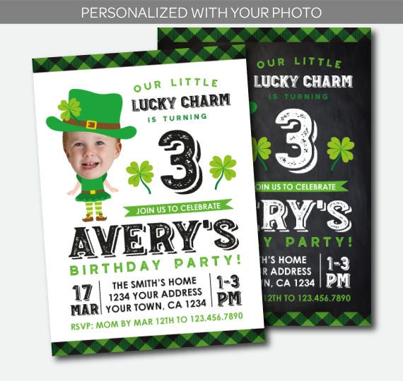 St Patrick Day Birthday Invitation with photo, Girls Invitation, Lucky Charm Invitation, St Patricks Day Party, Personalized DIGITAL Invite Il_570xn