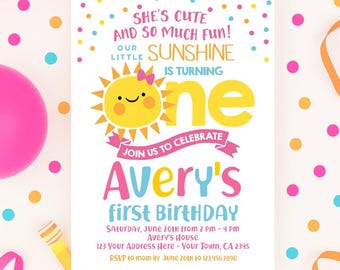 Little Sunshine First Birthday Invitation, Editable Template (Digital Download)
