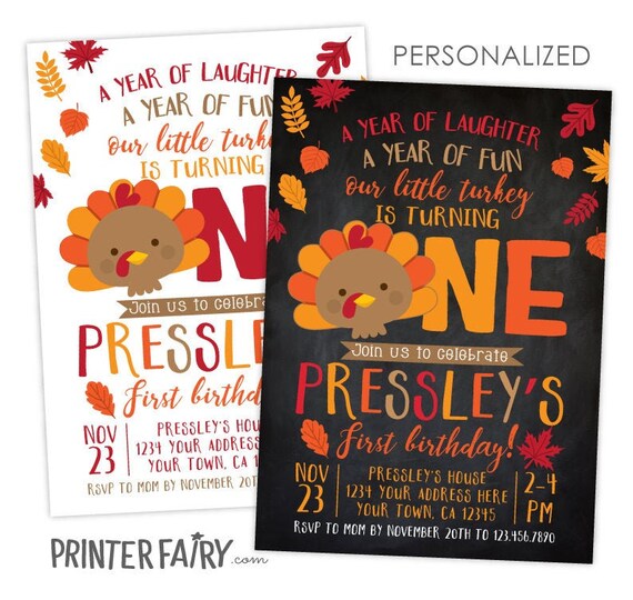 Little Turkey Birthday Invitation, Thanksgiving First Birthday, Fall Birthday Invitation, First Birthday, Personalized Printable Invitation Il_570xn