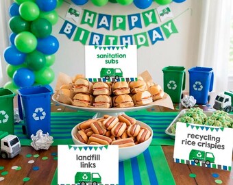 Editable Trash Truck Birthday Food Tents, Recycle Party (Instant Download)