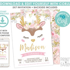 Deer Birthday Invitation, Floral Woodland Birthday Invitation, EDITABLE, Winter Birthday Party, DIGITAL, Pink and Gold, Instant Download image 2