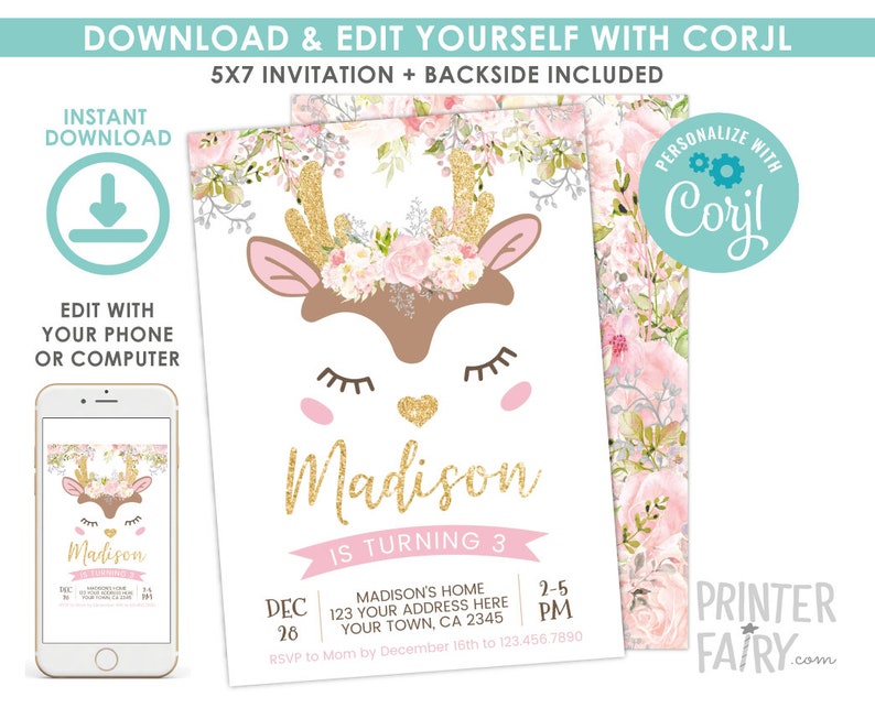 Deer Birthday Invitation, Floral Woodland Birthday Invitation, EDITABLE, Winter Birthday Party, DIGITAL, Pink and Gold, Instant Download image 2
