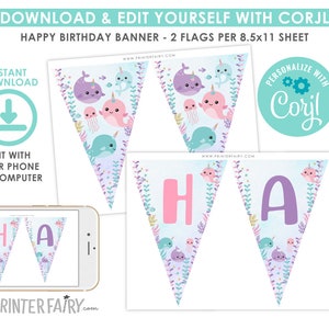 Narwhal Banner, EDITABLE, Narwhal Birthday Decorations, Bunting Banner, EDIT YOURSELF, Under the Sea Printable Banner, Instant Download