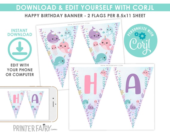 Narwhal Banner, EDITABLE, Narwhal Birthday Decorations, Bunting Banner, EDIT YOURSELF, Under the Sea Printable Banner, Instant Download Il_570xn
