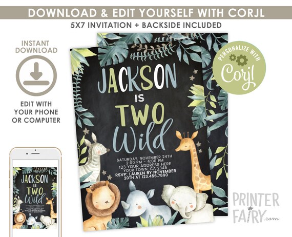 Safari Birthday Invitation, Two Wild Invitation, EDITABLE, Safari Invitation, Jungle Animals Party, EDIT YOURSELF Digital, Instant Download Il_570xn