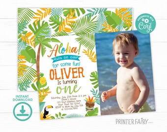 Luau Invitation with photo, EDITABLE, Beach Birthday, Luau 1st Birthday, Luau Birthday Party, Tropical, EDIT YOURSELF Digital Invite