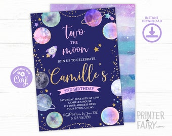 Two the Moon Invitation, EDITABLE Invitation, 2nd Birthday Invitation, Space Invitation, EDIT YOURSELF Digital Invite