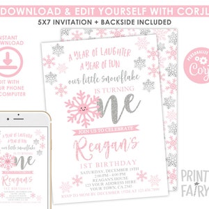 ONEderland Invitation, Editable Invitation, Little Snowflake, First Birthday Invite, DIGITAL, INSTANT DOWNLOAD image 2