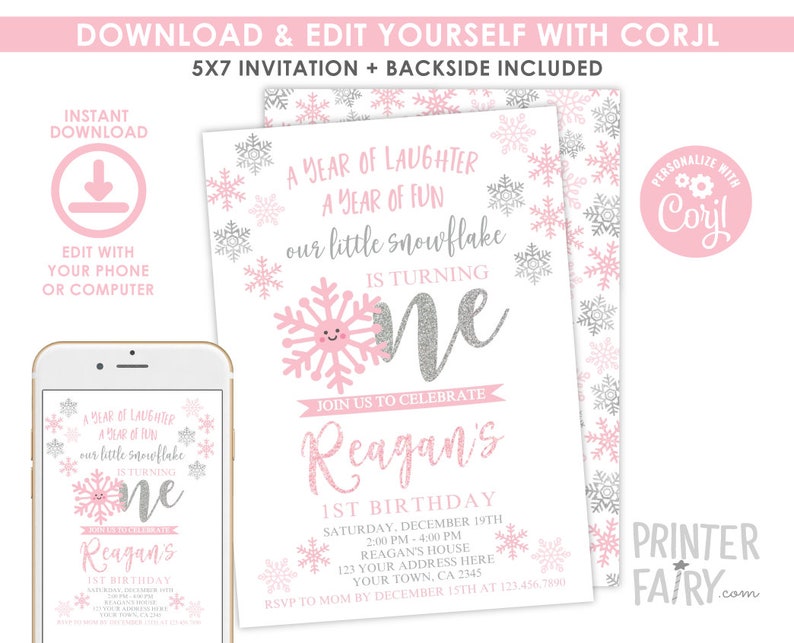 ONEderland Invitation, Editable Invitation, Little Snowflake, First Birthday Invite, DIGITAL, INSTANT DOWNLOAD image 2