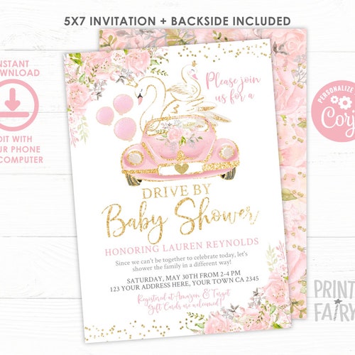 Editable Drive by Baby Shower Invitation Pink Girl Baby Shower Etsy