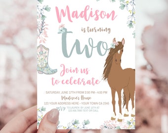 Floral Horse Second Birthday Invitation, EDITABLE, Pony Birthday, Cowgirl Party, Horse Birthday Party Invitation, Instant Download