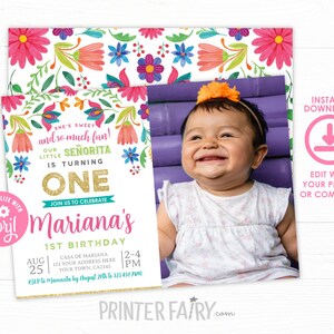 EDITABLE Fiesta 1st Birthday Invitation with Photo, Cinco de Mayo Birthday Party, Little Senorita, Any Age, EDIT YOURSELF Digital Invite